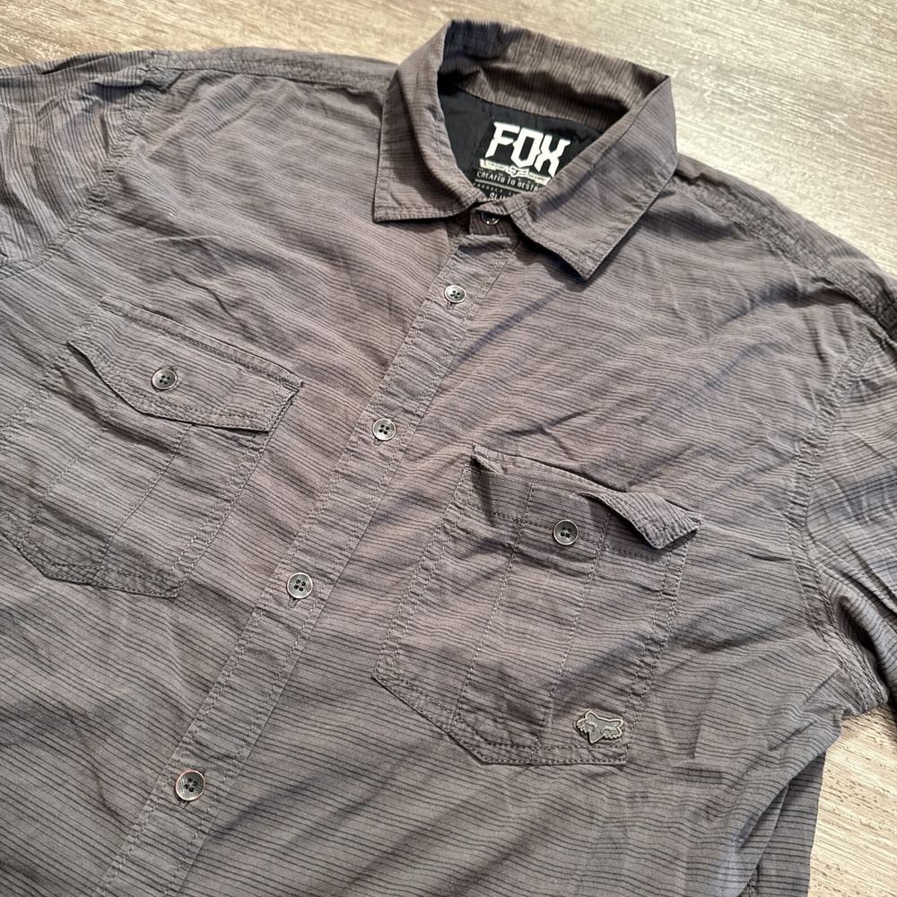 Fox Racing Button Down Shirt Mens Medium Gray Cotton Blend Slim Fit Moto Casual